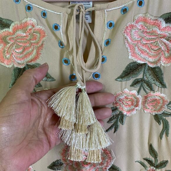 CHICO'S Poncho Fully Embroidered‎ Front Scoop Neck w/Tassel Ties Fringe Hem - Picture 8 of 12